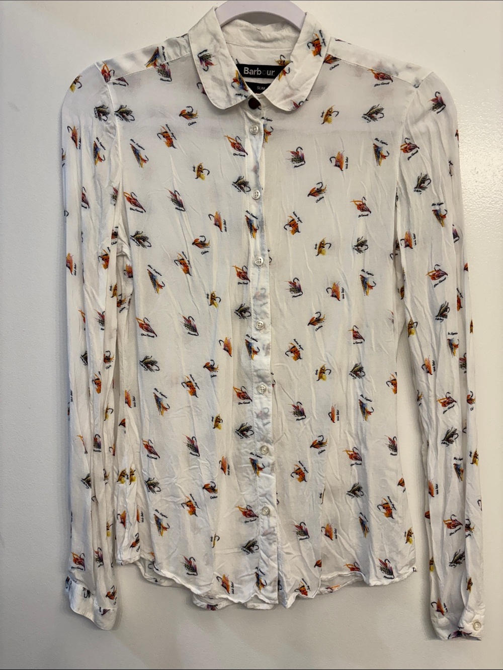 Barbour White Button-Up Blouse with Multicolor Bird Office Work Professional